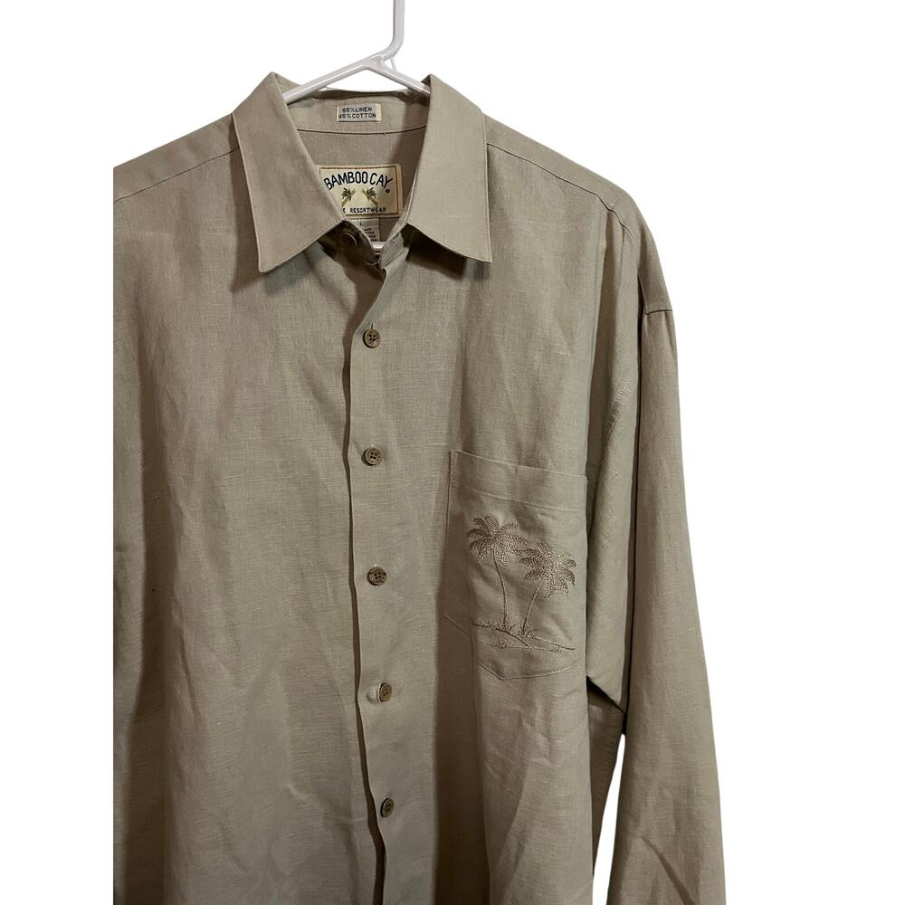 Bamboo Cay Linen Shirt Mens Large Long Sleeve Beige Embroidered Palm Trees Camp